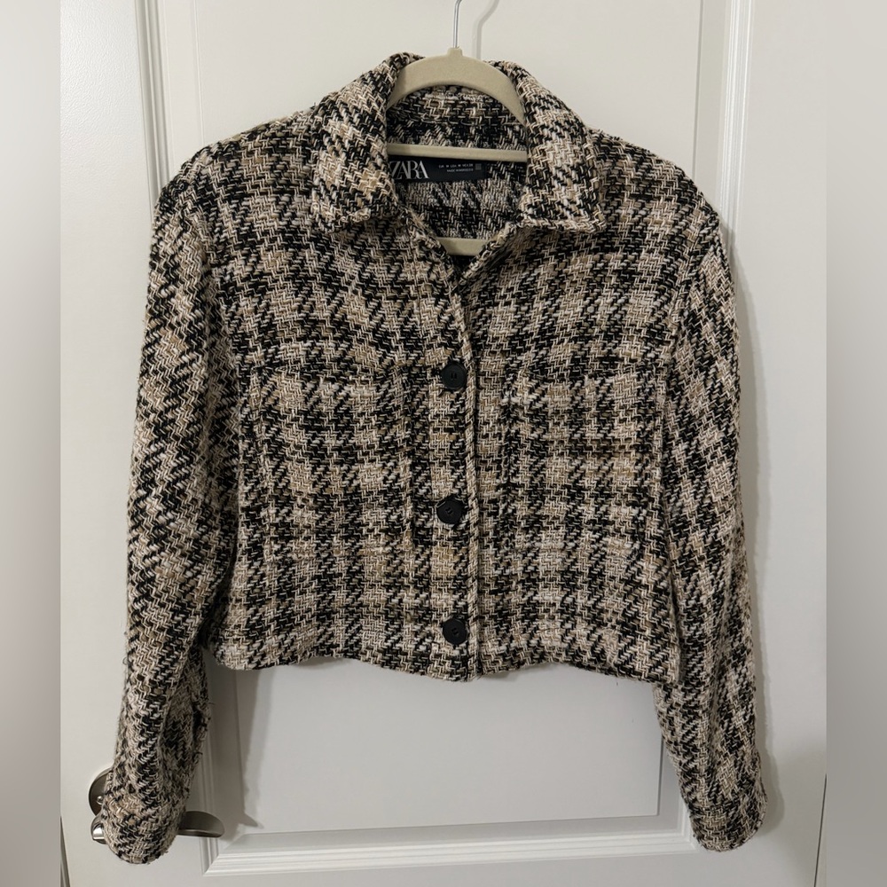 ZARA Cropped Tweed Jacket Beige & Black Size M